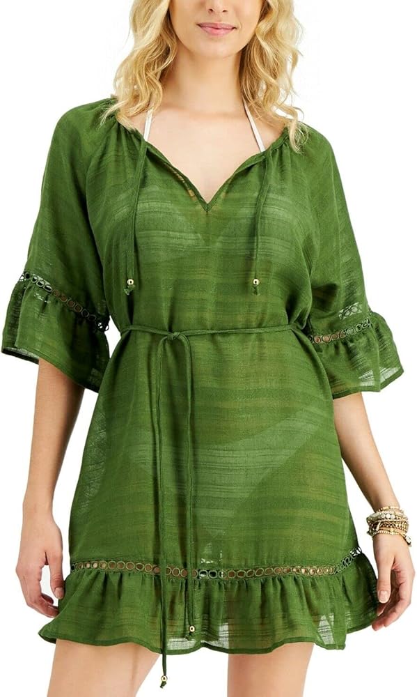 Miken Swim Cover-Up Olive Small Junior Belted Crochet-Trim Green S