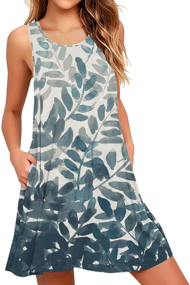 Women's Floral Tank Dress Summer Sleeveless Casual Tshirt Sundress for Beach Floral T-Shirt Dress for (Light Blue-D, L)