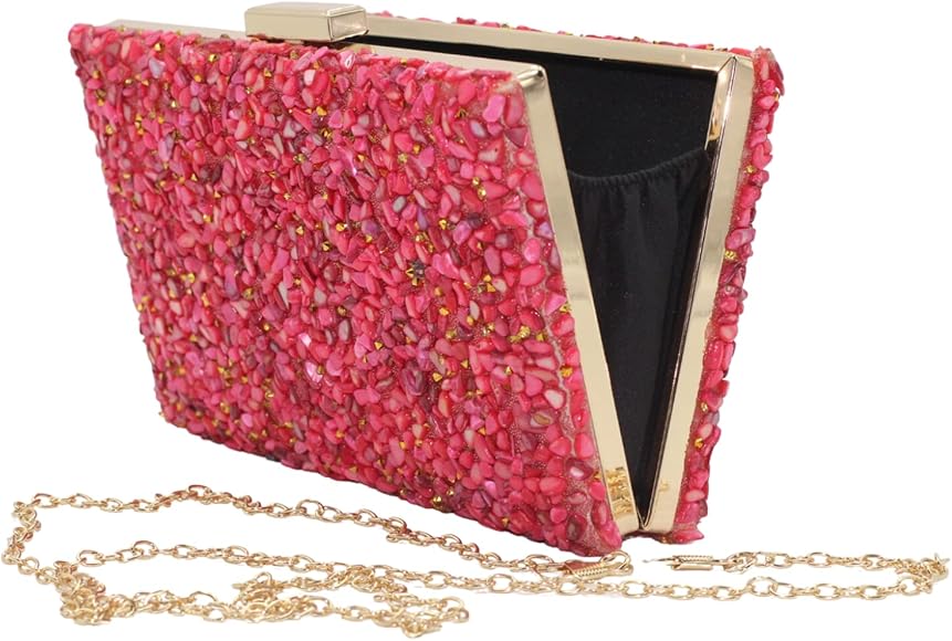 la monsita Bolso de Fiesta Fucsia con Pedrería, Bolso Clutch con Brillo y Cadena Dorada para Colgar al Hombro