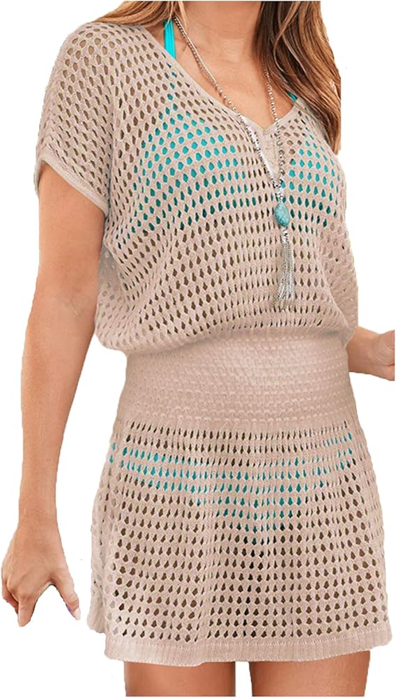 Wander Agio Womens Beach Tops Sexy Knit Cover Dresses Bikini Cover-ups Nets Short Skirt