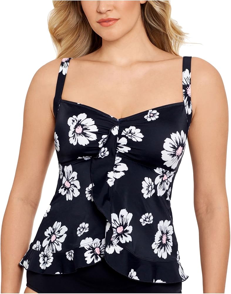 Women's Black Floral Ruffled Hem Non- Removable Cups Bra Tankini Swimsuit Top 18