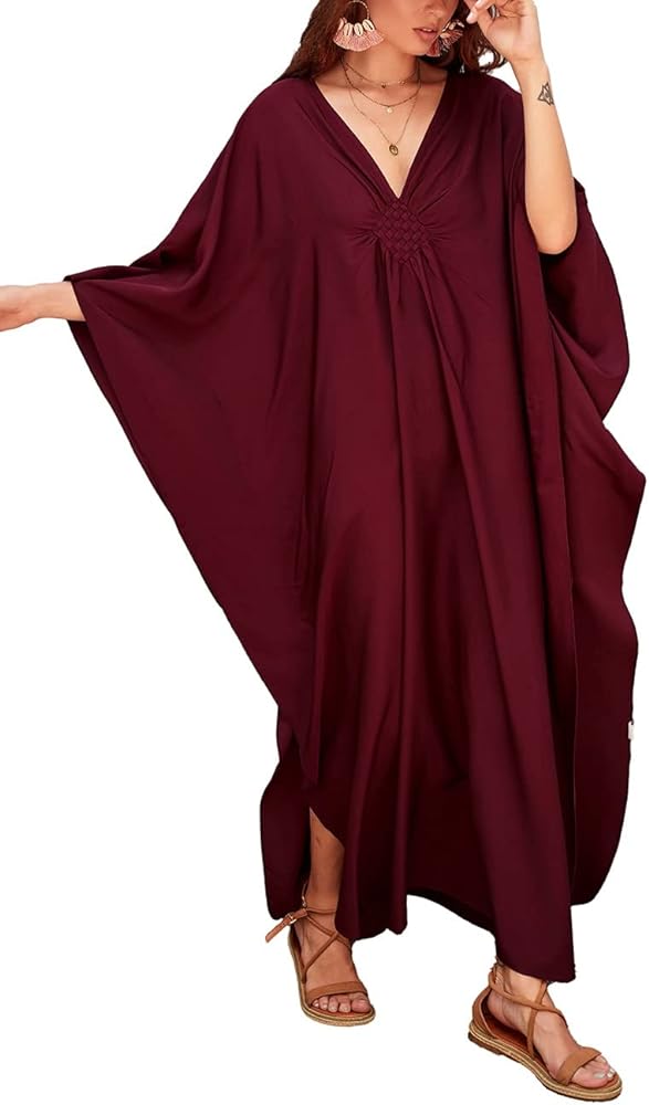 Bsubseach Women Solid Color Cover Up V Neck Batwing Sleeve Plus Size Beach Kaftan Dresses