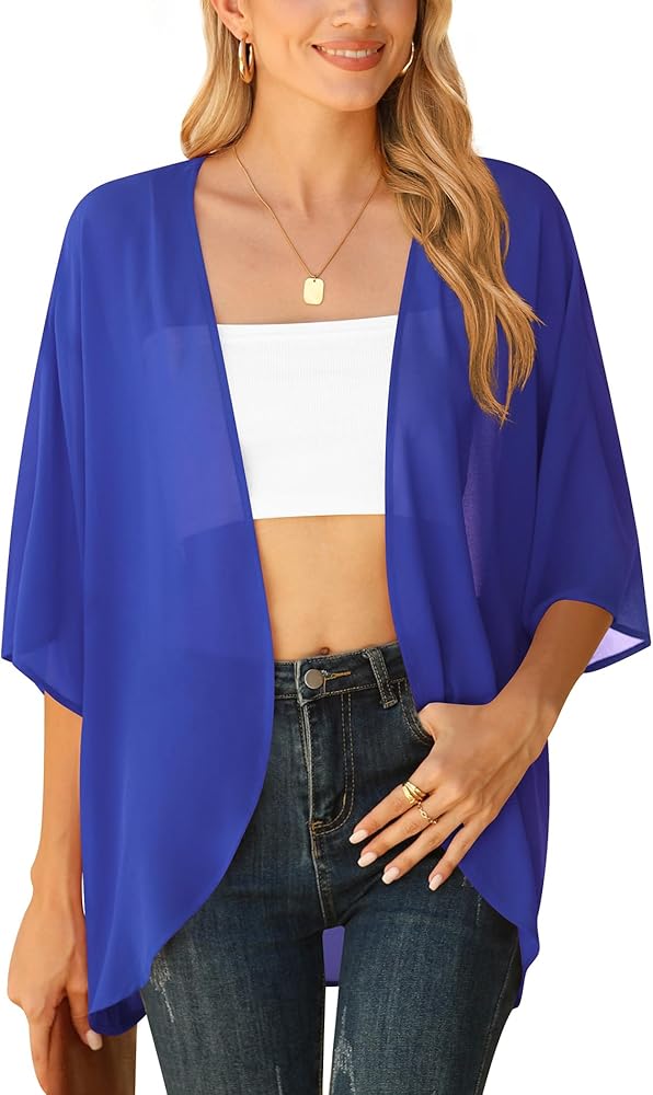 LILBETTER Women Lightweight Chiffon Cardigan Puff Sleeve Loose Beach Wear Cover Up Blouse Top