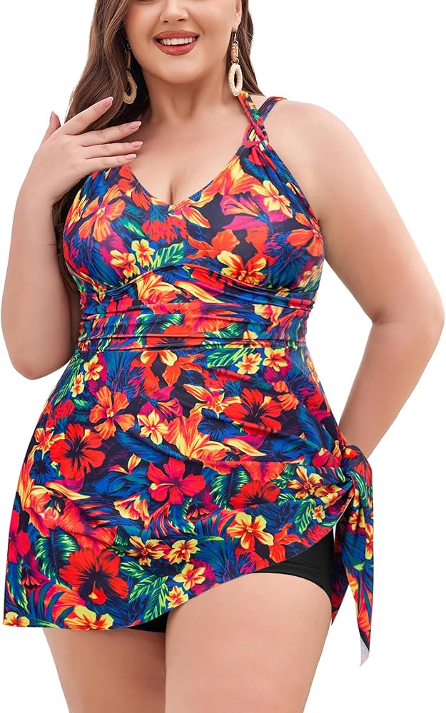 Hanna Nikole Women Plus Size Two Piece Tankini Swimdress V Neck Halter Floral Asymmetrical Hem Skirted Swimsuit with Boyshort