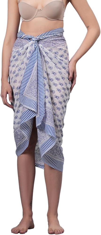 Women's Short 100% Cotton Hand Block Sarongs Beach Wrap Sheer Bikini Colors Wraps Chiffon Cover Ups for Swimwear Sarong Skirt