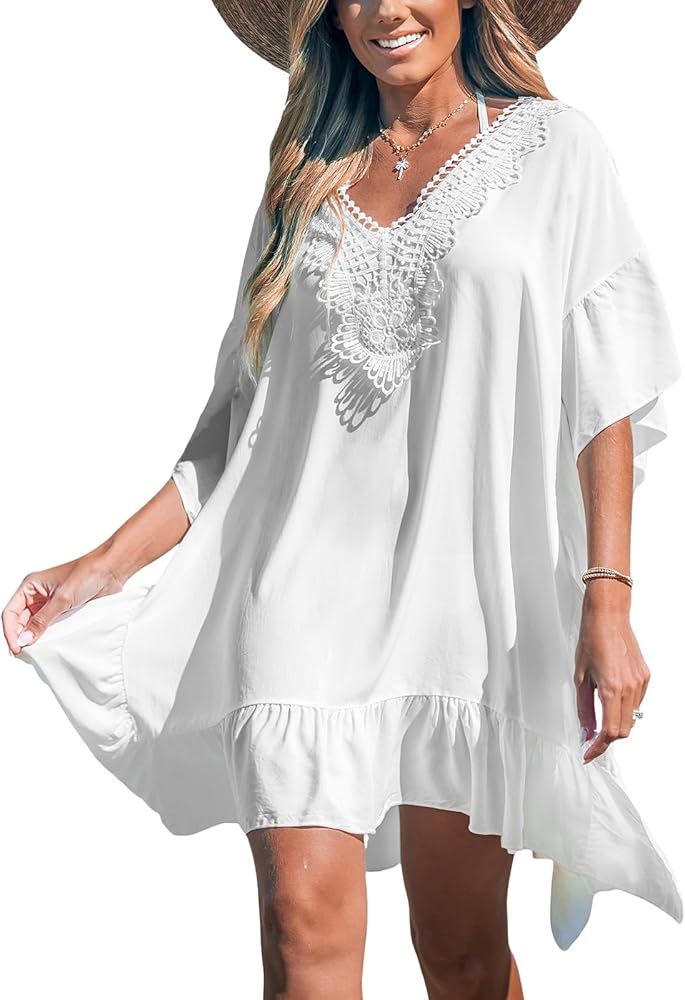 CUPSHE Women's Bathing Suit Cover Ups Swimsuit Coverup Short Sleeve Lace Trim Beach Ruffle Dress