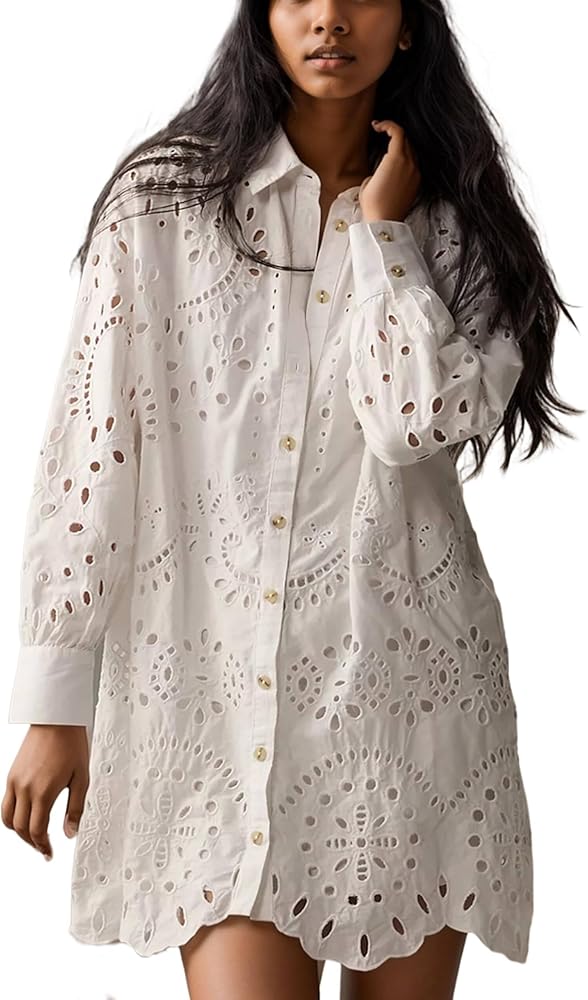 Women's Oversized Button Down Shirt Dress Eyelet Tops Beach Cover Up Shirt Long Sleeve Cotton Solid shirts