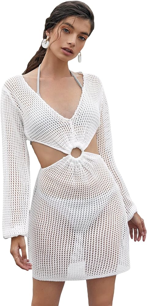 Floerns Women's Cover Up Knitted Hollow Out Tie Back Bikini Swimsuit Beach Dress