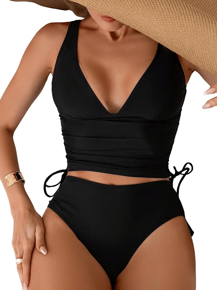 MakeMeChic Women's Tankini Swimsuit Two Piece Ruched Drawstring V Neck High Waisted Bathing Suit