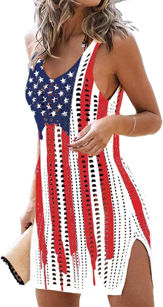 GOWONE Women American Flag Hollow Out Slit Crochet Cover Up Sleeveless 4th of July Patriotic Swimwear Beach Dresses