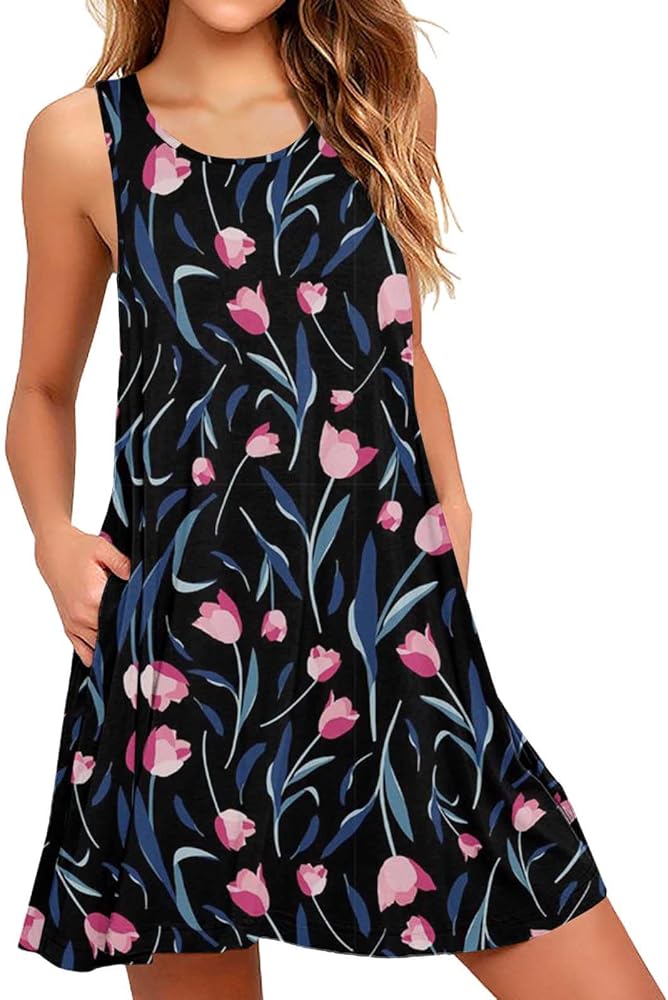 Women's Floral Tank Dress Summer Sleeveless Casual Tshirt Sundress for Beach Floral T-Shirt Dress for Women (Black-E, L)