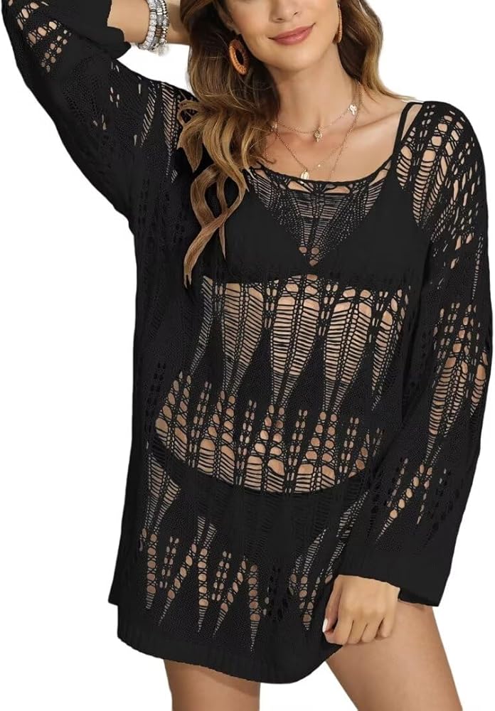 Women's Swimsuit Crochet Swim Cover Up Hollow Out Long Sleeve Bathing Suit Swimwear Knit Beach Bikini Cover Ups Dress