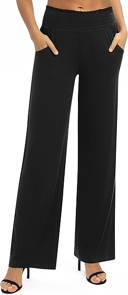 Mujeres Casual Sólido Suelto Anchas Pierna Palazzo Pantalones Elástico Cintura Yoga Pantalones con Bolsillos