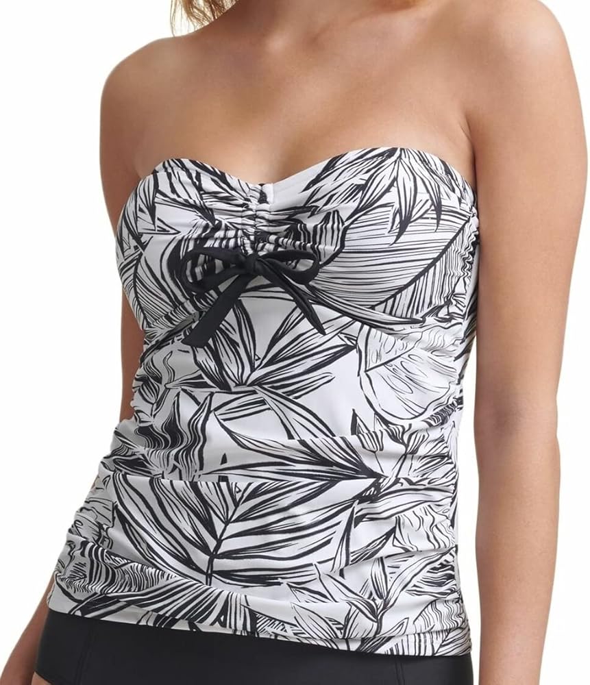 DKNY Women's White Printed Sweetheart Neck Bow-Front Convertible UV Protection Tankini Swimsuit Top S