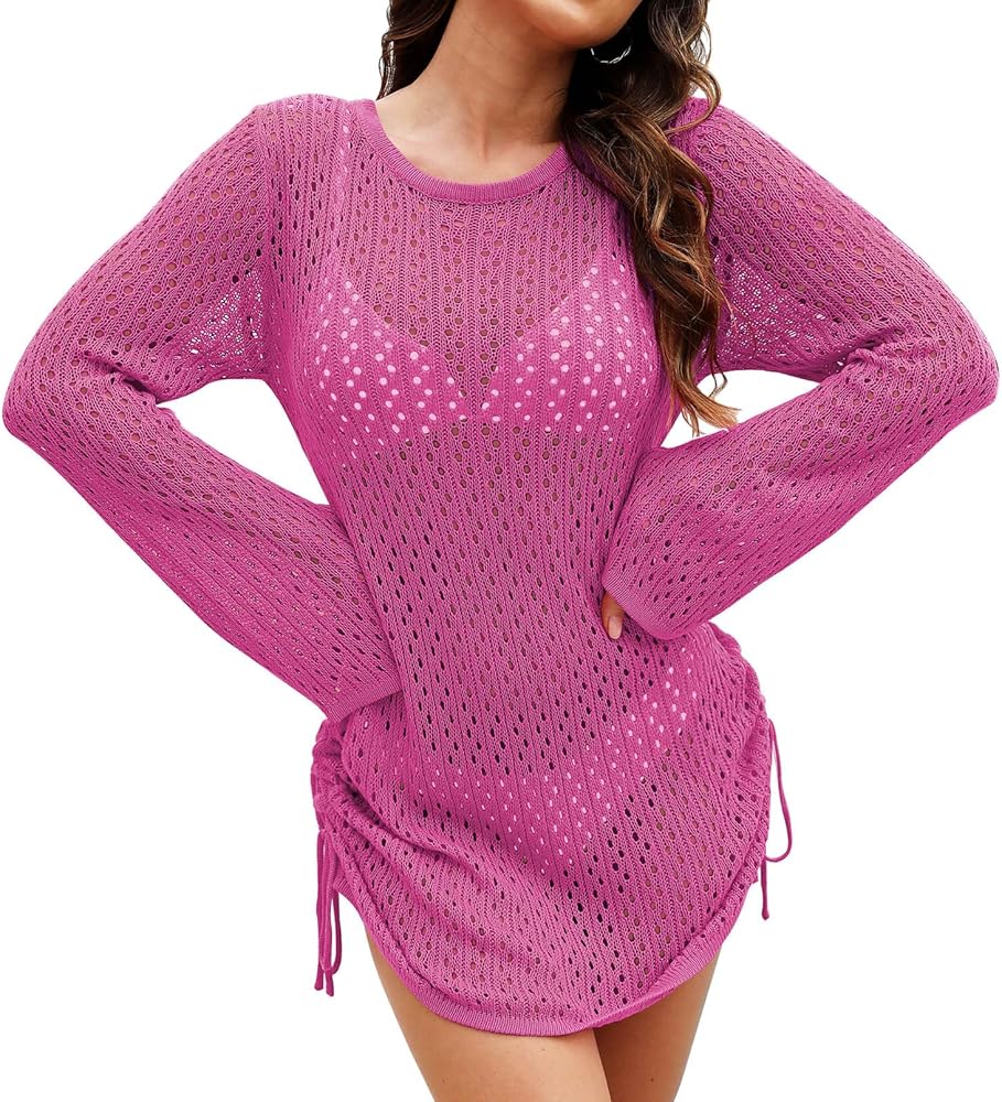 Pink Queen Women Crochet Swimsuit Cover Up Long Sleeve Beach Dress Knit Cover Ups for Bathing Suits Tops