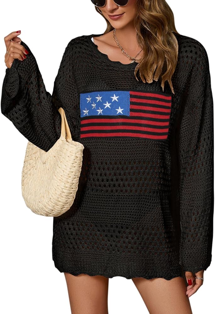 Women's Long Sleeve Swimsuit Cover Up American flag Crochet Knit Mesh Bathing Suit Coverups