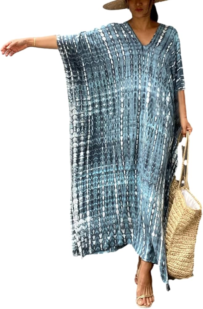 RanRui Women's Plus Size Caftans tie dye Vneck Kaftan Dresses Loose Soft Kaftan Loungewear