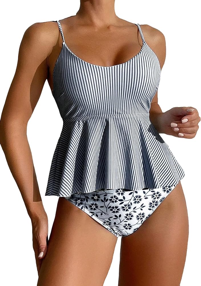 Urchics Cute Tankini Swim Summer Beach Women's Striped Tank Top Halter Bikini