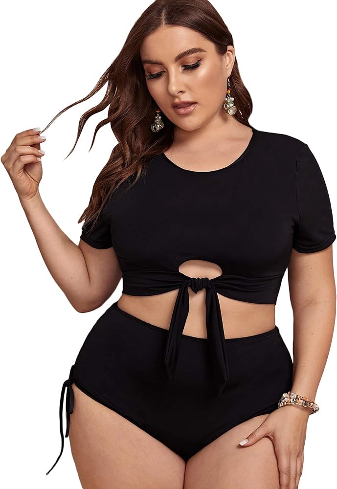 SOLY HUX Women's Plus Size Short Sleeve Tie Knot Front High Waisted Tankini Swimsuits Bathing Suits