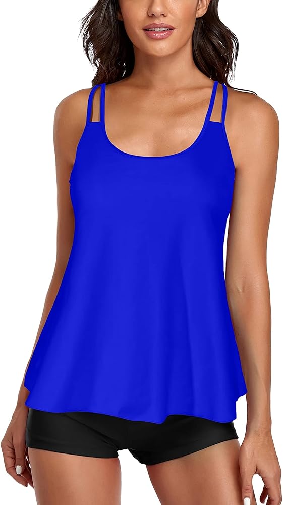 Women's Flowy Tankini Tummy Control Two Piece Tank Top shorts Swimsuit, Royal Blue, Small