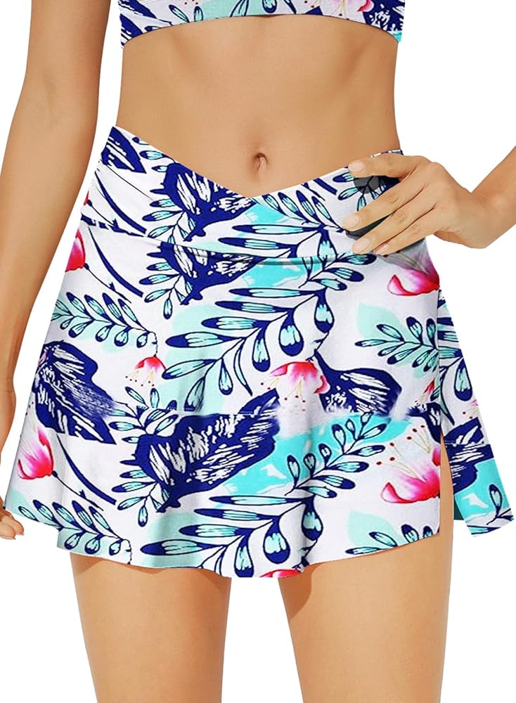 Aleumdr Women's High Waisted Swim Skirt Tummy Control Ruched Bikini Bottoms