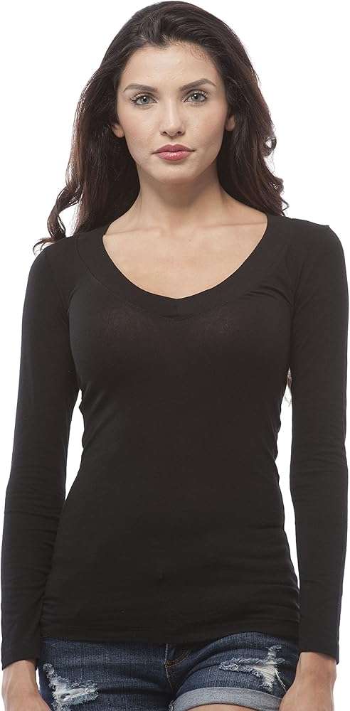 Khanomak Women's Long Sleeve Deep V Neck Shirt (Medium, Black)