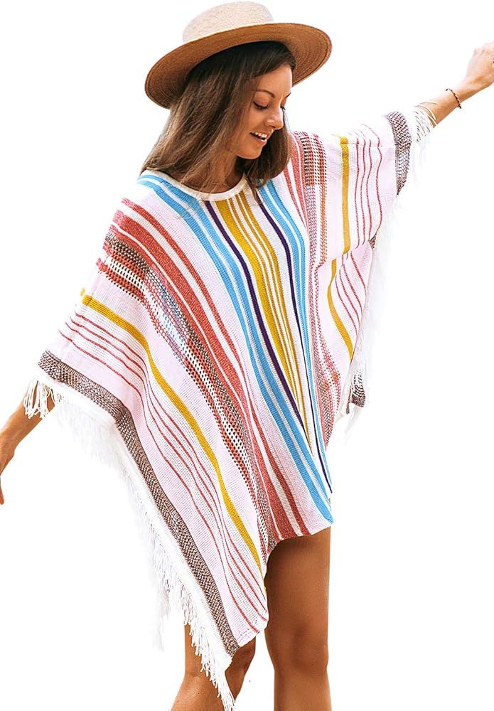 CUPSHE Women's Crochet Beach Bikini Cover Up Colorful Strip Tassels V Neck Drop Shoulde 3/4 Sleeve Loose Waisted Mini Length