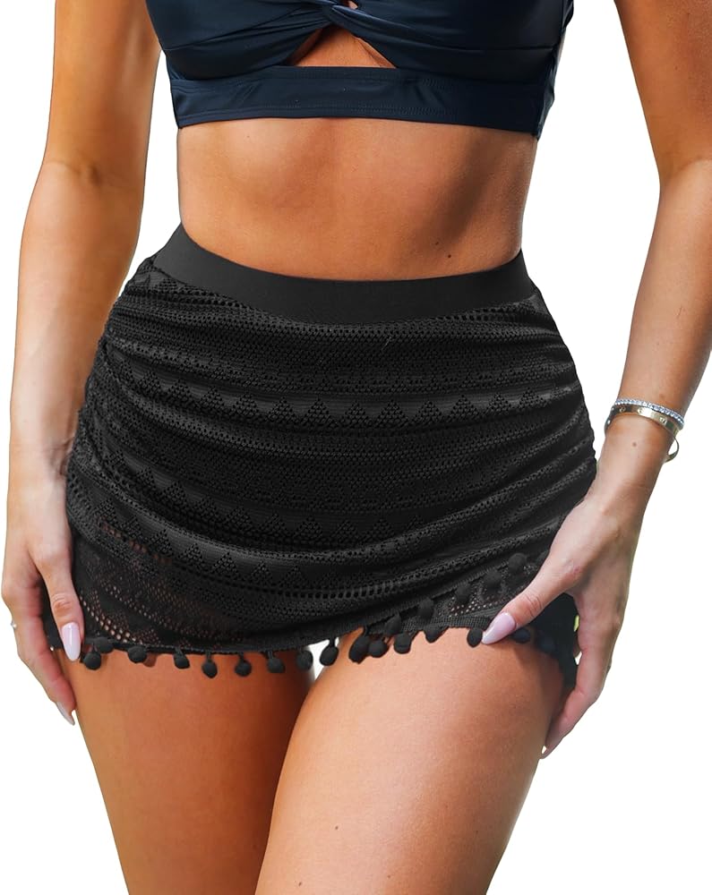 CUPSHE Women's Bikini Skirt Bathing Suit Bottom High Waisted Ruched Tassel Pom Pom Hem Swimwear