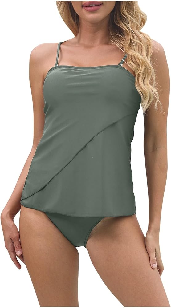 Bandeau Tankini Swimsuits for Women Flyaway Tummy Control Two Piece Swimsuit Bandeau Top Swimwear with Bikini Bottom