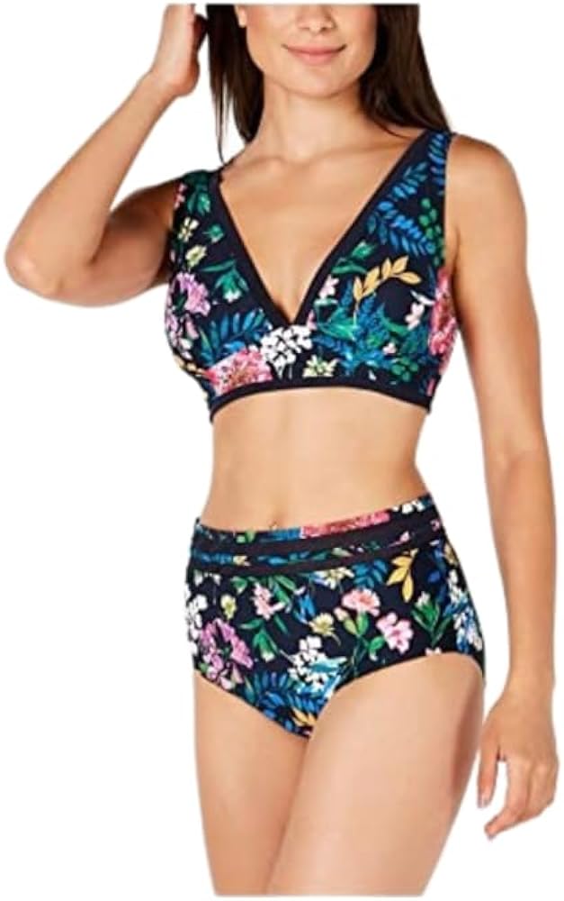 Tommy Hilfiger Women's Navy Floral Stretch Lined Bikini Moderate Coverage Mesh Carnival Rosa High Waisted Swimsuit Bottom L