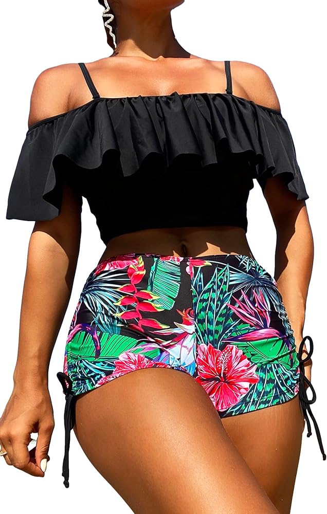 SOLY HUX Tankini Swimsuits for Women Cold Shoulder Ruffle Tops and Floral Print Shorts Bathing Suits Two Piece Swimsuit