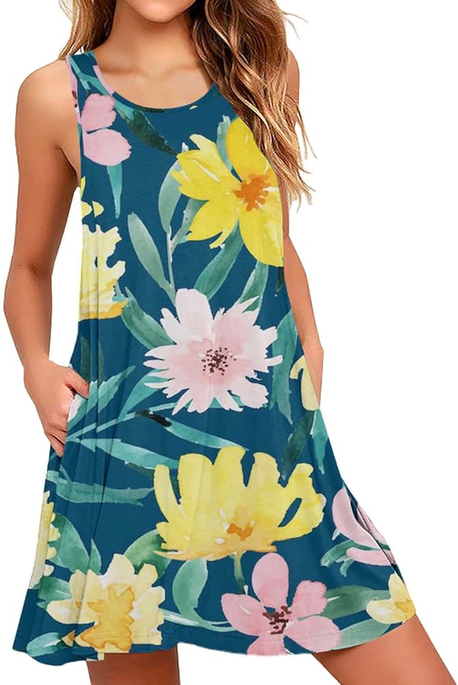 Women's Floral Tank Dress Summer Sleeveless Casual Tshirt Sundress for Beach Floral T-Shirt Dress for (Yellow-E, L)