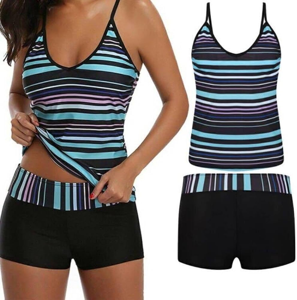 Women's Two Piece Swimwear Gradient Color Tankini Set Top with Shorts Low Waist Sporty Swimsuit Bikini