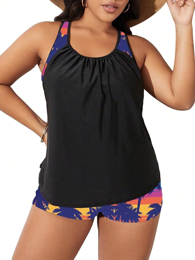 SOLY HUX Women's Plus Size Tankini Set Floral Tropical Print Tops and Shorts Bikini Bathing Suits 2 Piece Swimsuit