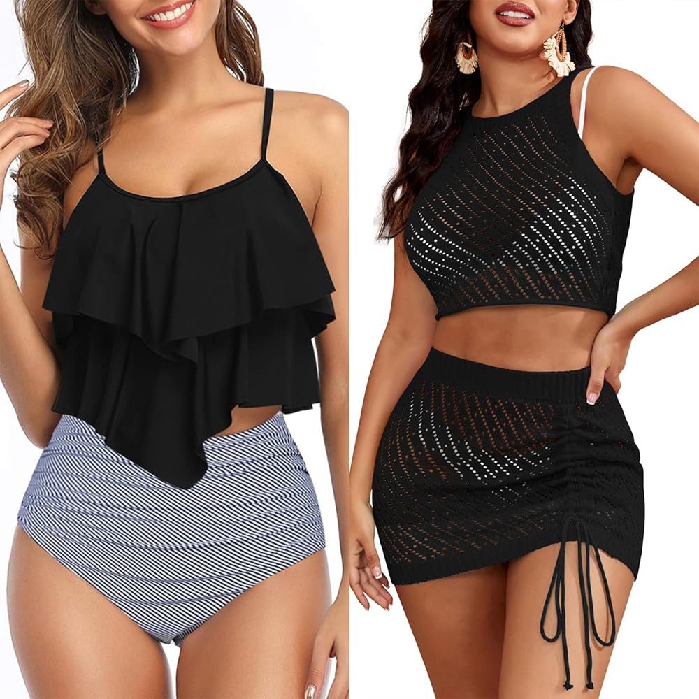 Adisputetn Womens Tankini Swimsuits Ruffled Tank Top Crochet Swimsuit Cover Up 2024 Black + Black L