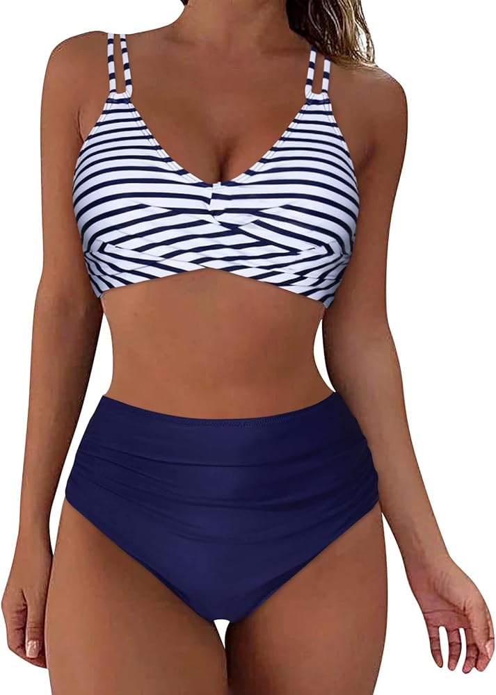 Women's High Waisted Bikini Sets Sporty Two Piece Swimsuits Color Block Cheeky High Cut Bathing Suits J04