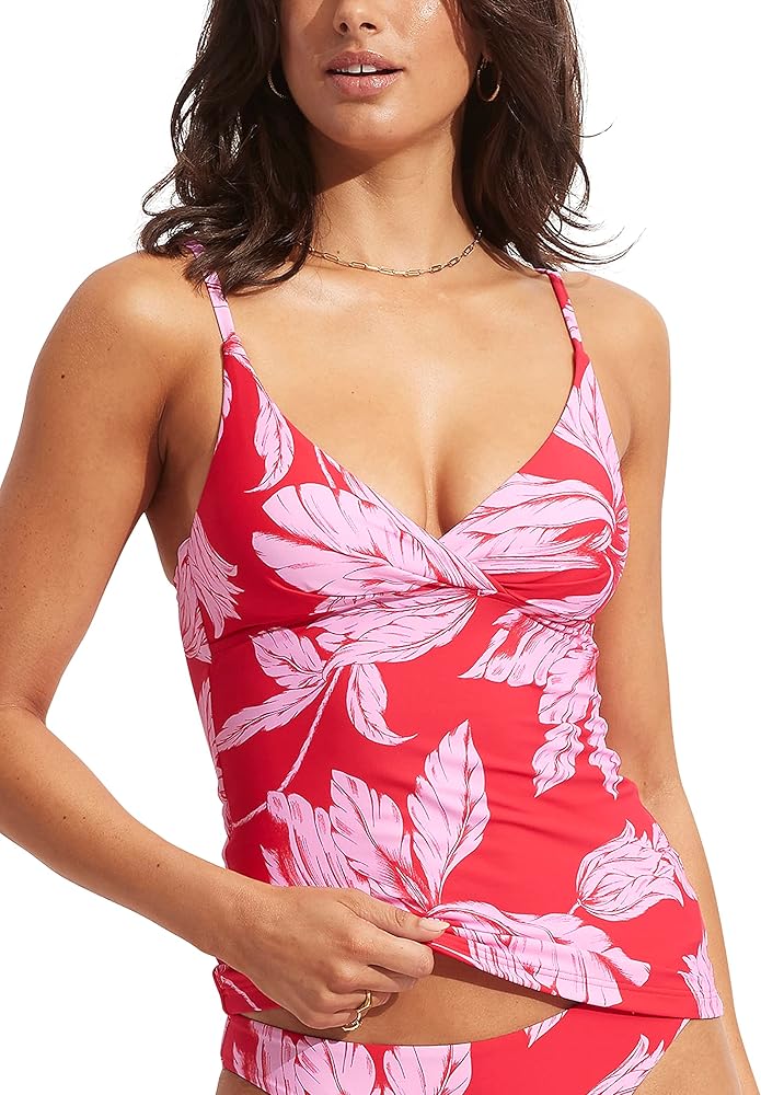 Seafolly Women's Standard Wrap Front Tankini Top Swimsuit, Fleur de Bloom Chilli Red, 10