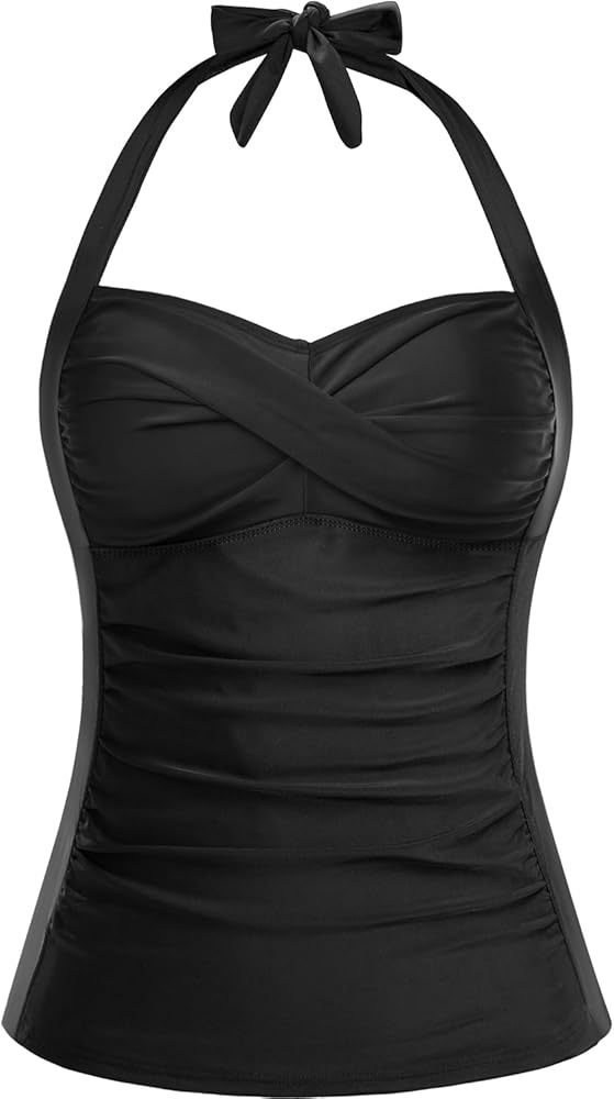 Women Tankini Bathing Suit Top - Halter Swim Tops Only Tummy Control No Bottom Swimwear Black XXL