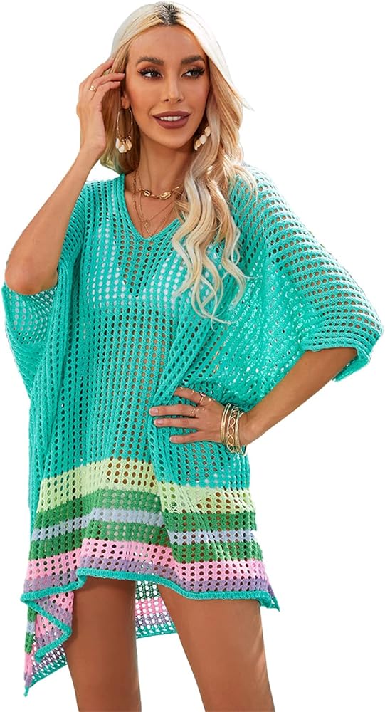 Spmor Women Summer Swimsuit Bikini Beach Cover Up Knit V Neck Short Sleeve Swimwear Crochet Dress