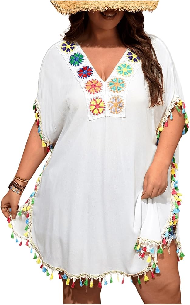 Verdusa Women's Plus Size Floral Print Tassel Trim Swimsuit Cover Up V Neck Half Sleeve Beach Dress