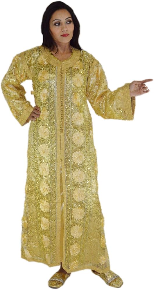 Moroccan Caftans Handmade 2 Piece Kaftan Gold Embroideres Fits SMALL to LARGE Yellow