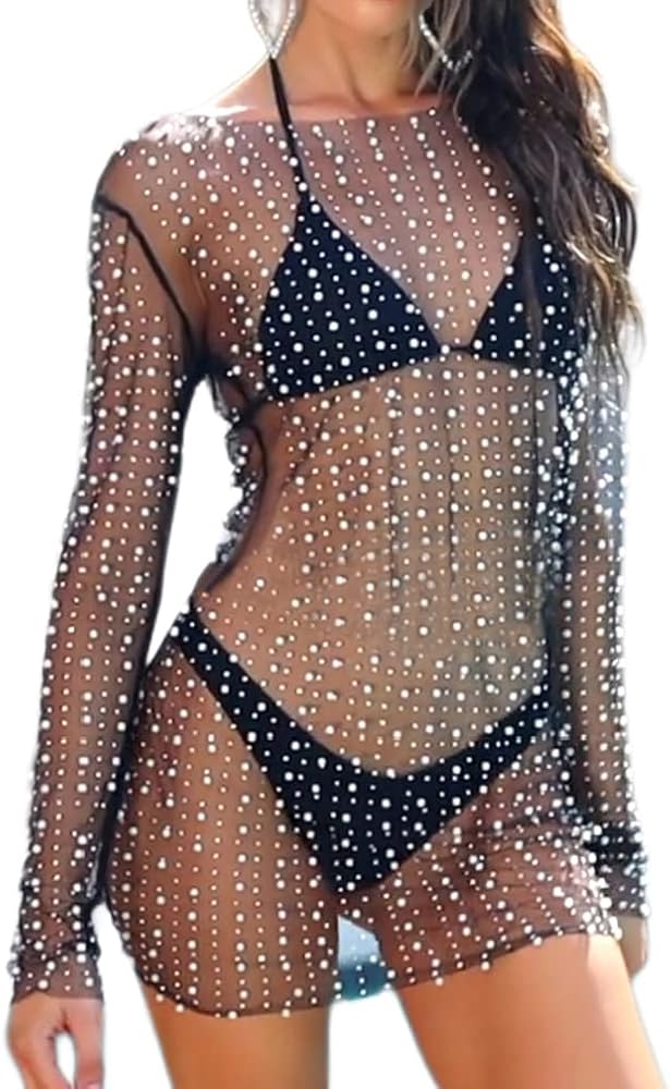 LOFAAC Women Sexy Pearl Rhinestone See Through Cover Up Dress Sheer Mesh Swimwear Bikini Beach Bathing Suit Coverups