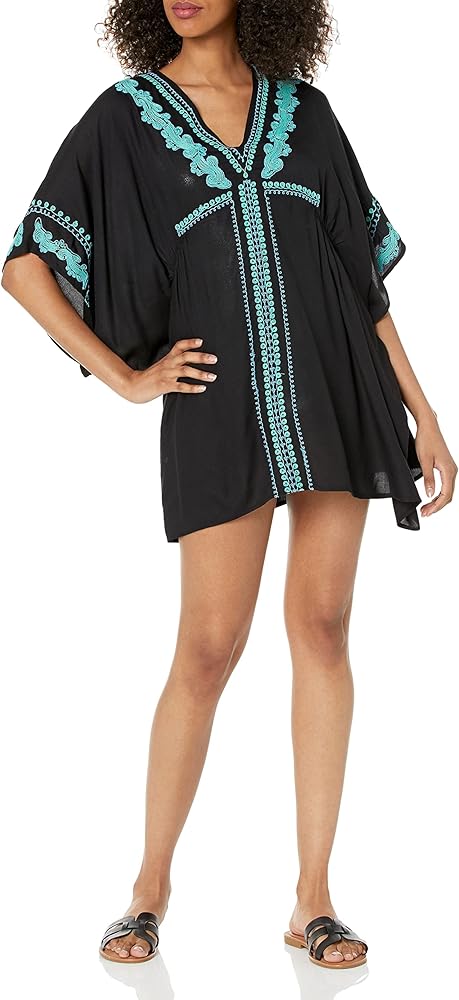 Sunshine 79 Women's Short Sleeve Tunic Cover Up Dress, Black//Hippie Trail, S