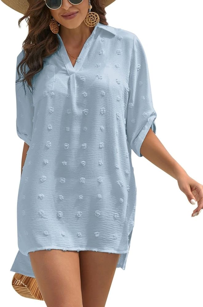 Women's V Neck Chiffon Blouse Short Sleeve Pom Pom Summer Shirts Tops Swiss Dot Beach Cover Ups