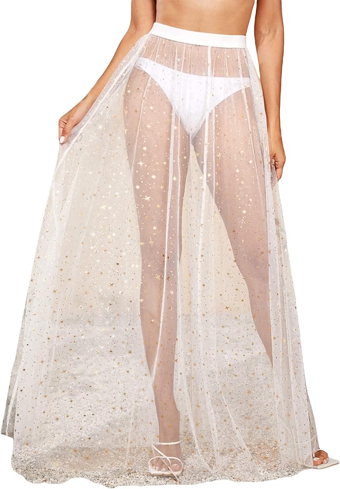 Verdusa Women's Cover Up Sheer Mesh A Line Flowy High Waist Maxi Skirt Star Print White XS