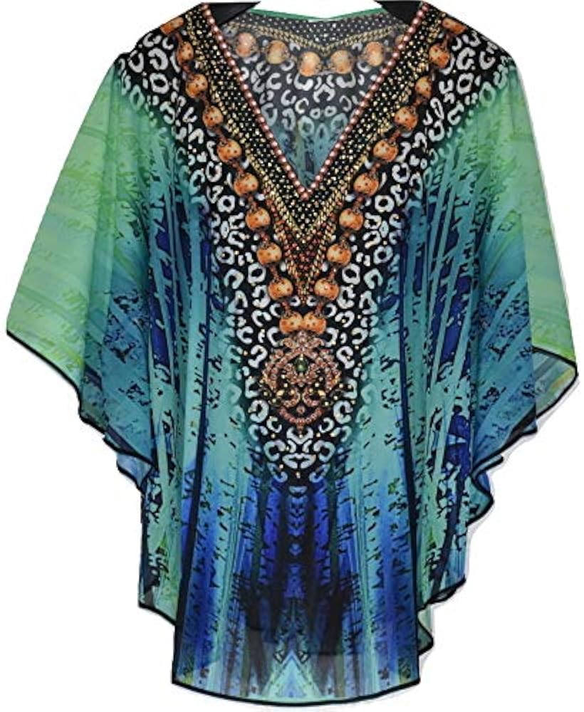 RiSi Gorgeous Women's Sheer Georgette Kaftan, Trendy Short Light Weight Kaftan,Crystal Embellished, One Size/Free Size, Multicolor