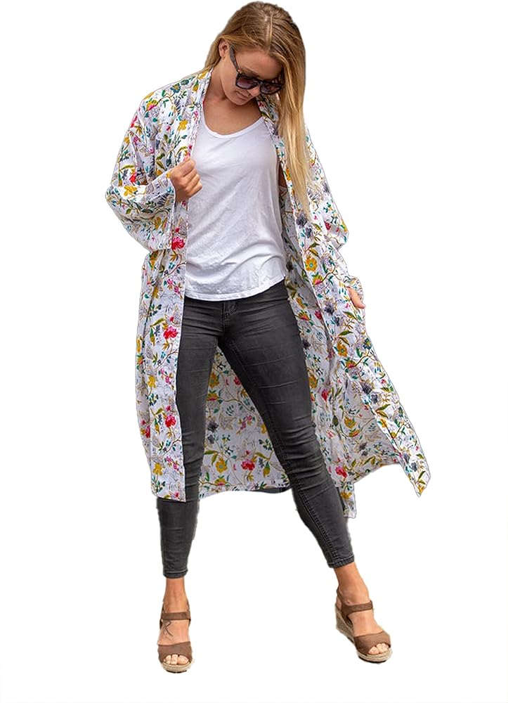 Women's Floral Print Puff Sleeve Kimono Cardigan Loose Cover Up Casual Cardigans Chiffon Open Front Capes Beach Swim Blouse