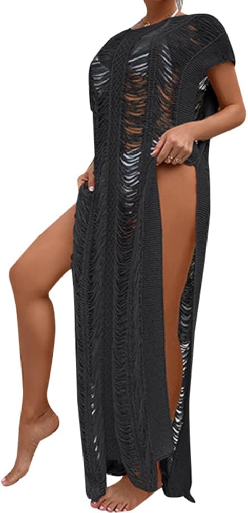 Womens Cover Ups Sexy Hollow Crew Neck Pullover Bikini Smock Long Dress Beach Skirt Womens Pool Cover up