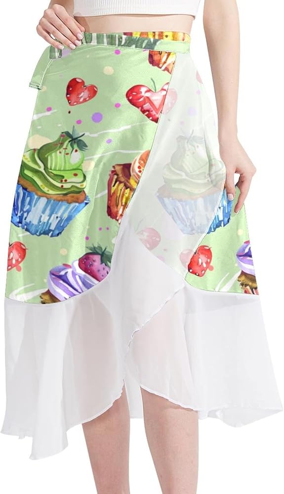 Beach Skirt, Womens Beach Cover Up Sarong, Chiffon Cover Ups for Swimwear, Cartoon Ice Cream Cake Dessert Lovely