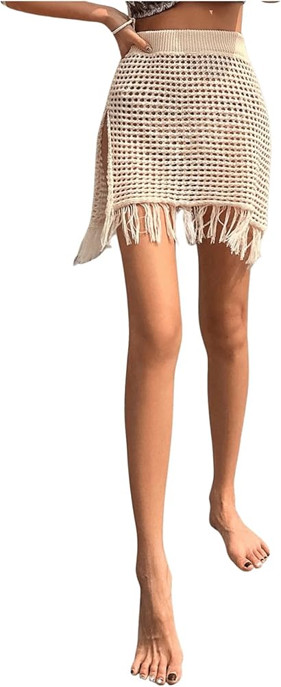 OYOANGLE Women's Swimsuit Cover Up Skirt Boho Crochet Hollow Out Fringe Trim Beach Skirts